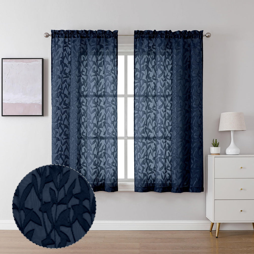 Lecloud Navy Blue Sheer Curtains, 54" Length, 38"W x 54"L, 2 Panels, Semi Voile Jacquard Leaf for Living Room, Kitchen, Bedroom Drapes
