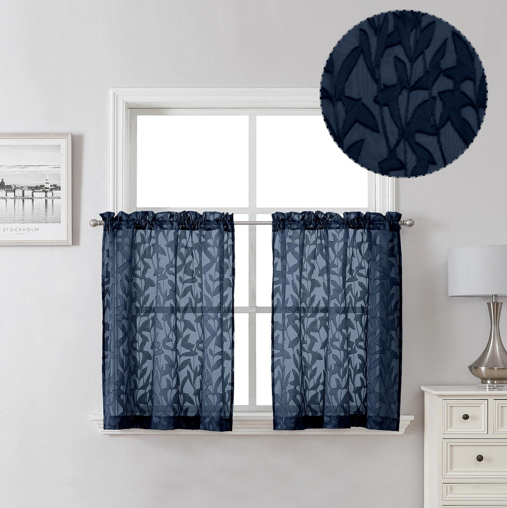 Lecloud Leia Navy Blue Sheer Cafe Curtains 24 Inch Length 2 Pieces, Jacquard Clip Textured Leaf Semi Voile Curtain Valances For