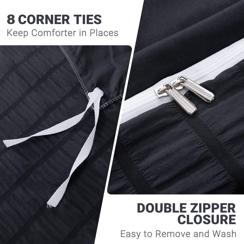 Hymokege Black Twin Duvet Cover Set, Ultra Soft & Breathable 3Pc Seersucker Duvet Cover Set With Zipper Closure & Corner Ties -