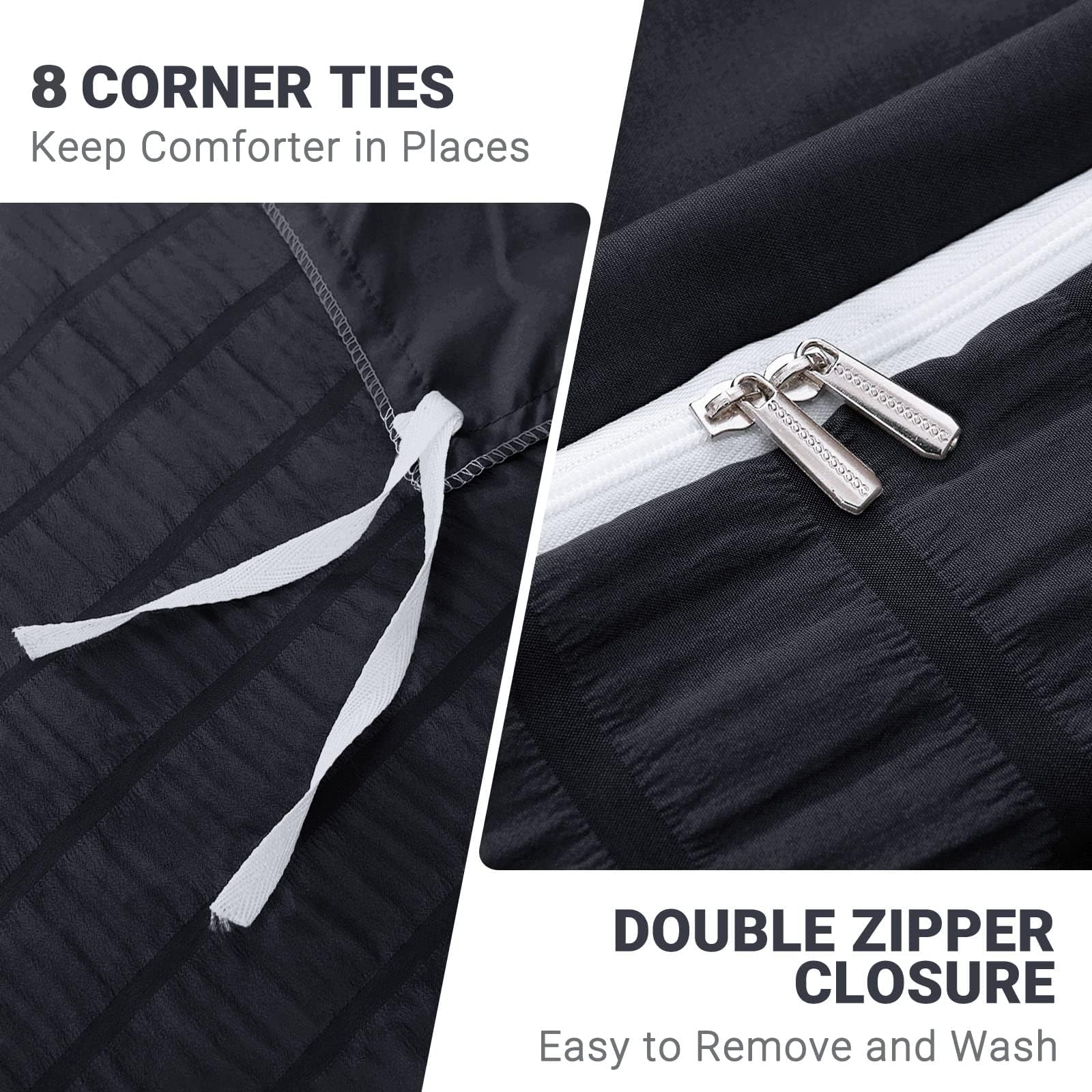 Hymokege Black Twin Duvet Cover Set, Ultra Soft & Breathable 3Pc Seersucker Duvet Cover Set With Zipper Closure & Corner Ties -