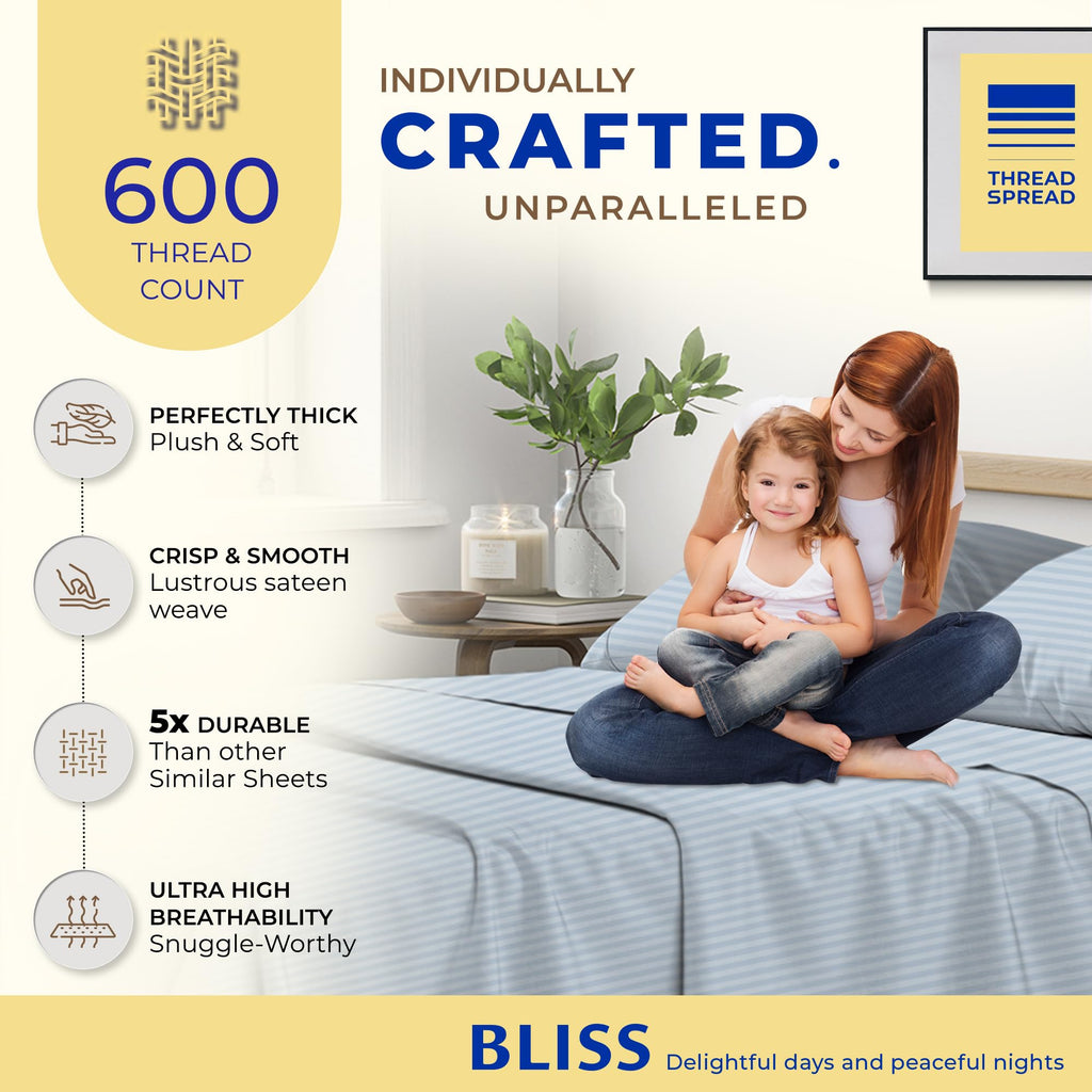 Thread Spread Luxury Egyptian Cotton Queen Stripe Sheet Set, 600 Thread Count Extra Long Staple 4 Pc Set, Queen Damask Sheets, Soft, Cooling Sateen Weave Sheets Upto 18' Deep Pocket - Light Blue