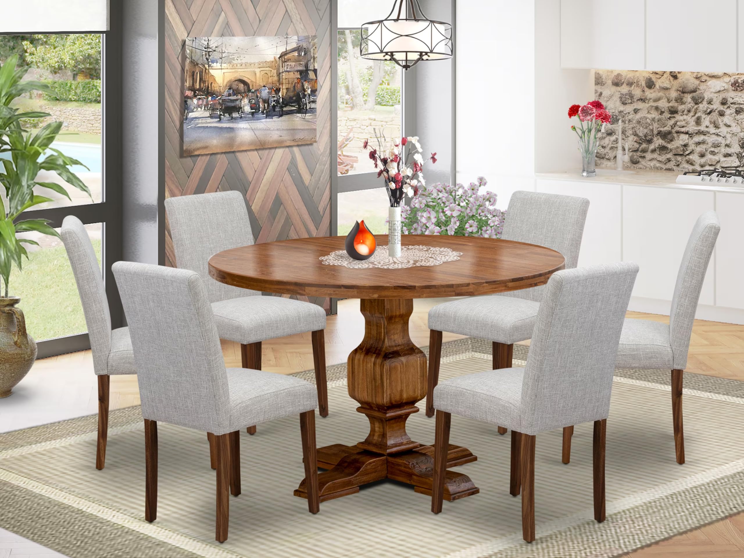 East West Furniture I3AB7-N35 7 Piece Dining Set Consist of a Round Dining Room Table with Pedestal and 6 Doeskin Linen Fabric Upholstered Parson Chairs, 48x48 Inch, Antique Walnut
