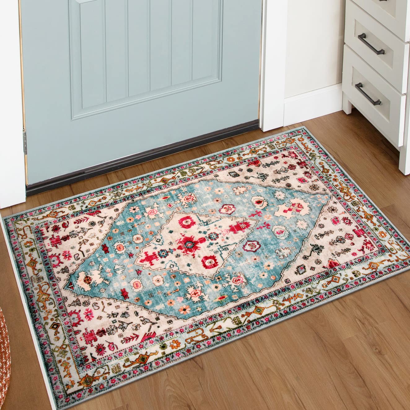 Lahome Boho Tribal Area Rug - 2x3 Small Aqua Bath Rugs Kitchen Throw Mat, Soft Washable Non Slip Non Shedding Bohemian Bathroom 