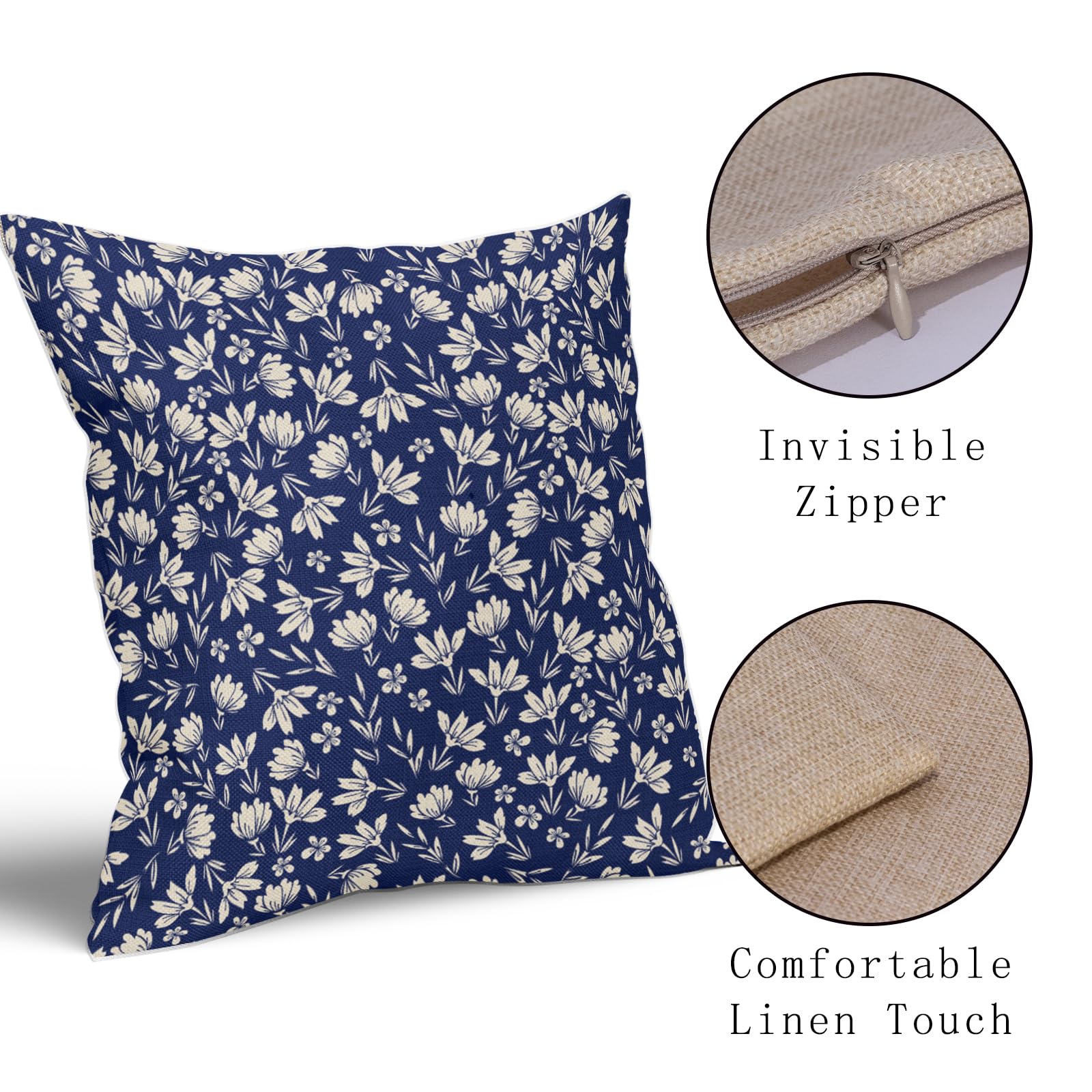 Aytipun Navy Blue Pillow Covers 16X16 Set Of 2 Vintage Floral Rustic Old Style Cute Flower Print Decorative Outdoor Pillowcases