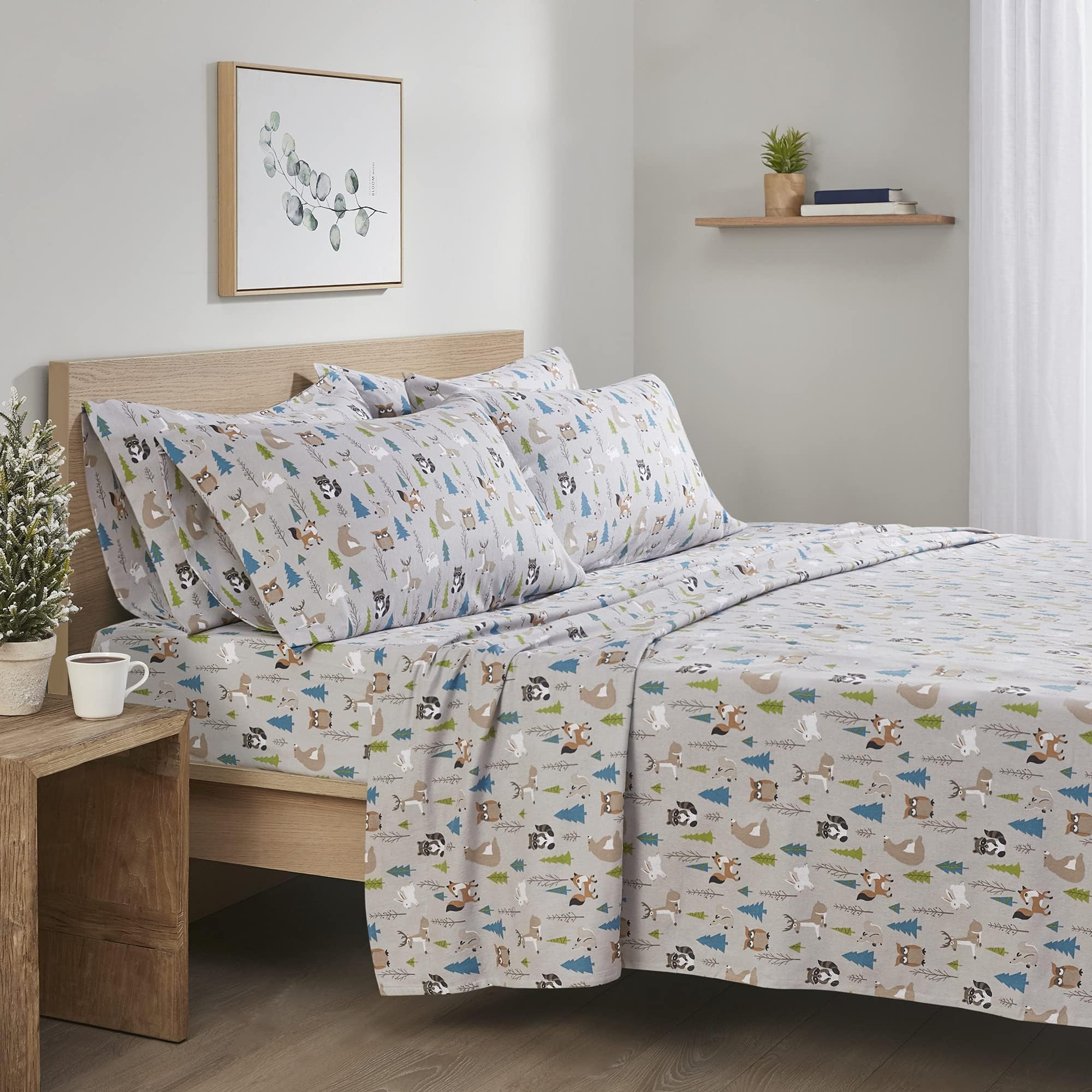 Comfort Spaces Cotton Flannel Breathable Warm, Deep Pocket Sheets With Pillow Case Bedding, King, Multi Forest Animals 4 Piece