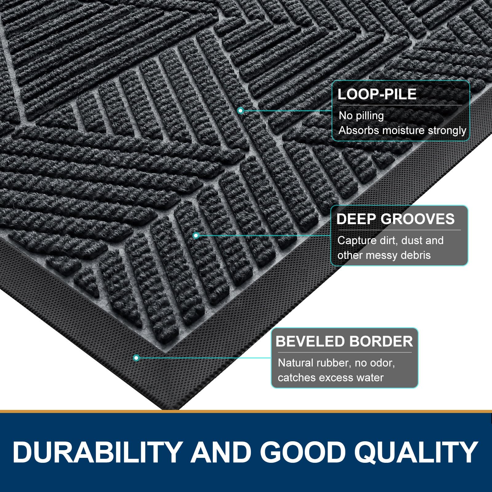 Smiry Front Door Mat Outside Entrance, Heavy Duty Natural Rubber Mat, Sturdy Trap Dirt And Moisture Indoor Outdoor Door Mat, Easy Clean Low Profile Doormat Outdoor Entrance, 47X24 Inch, Grey