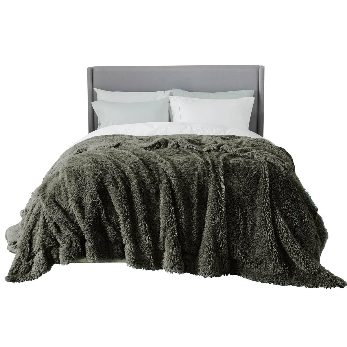 Bedsure Soft Fuzzy Faux Fur Blankets Queen Size Olive Green - Cozy, Fluffy, Plush Sherpa Fleece Blanket, Furry, Shaggy Blanket F