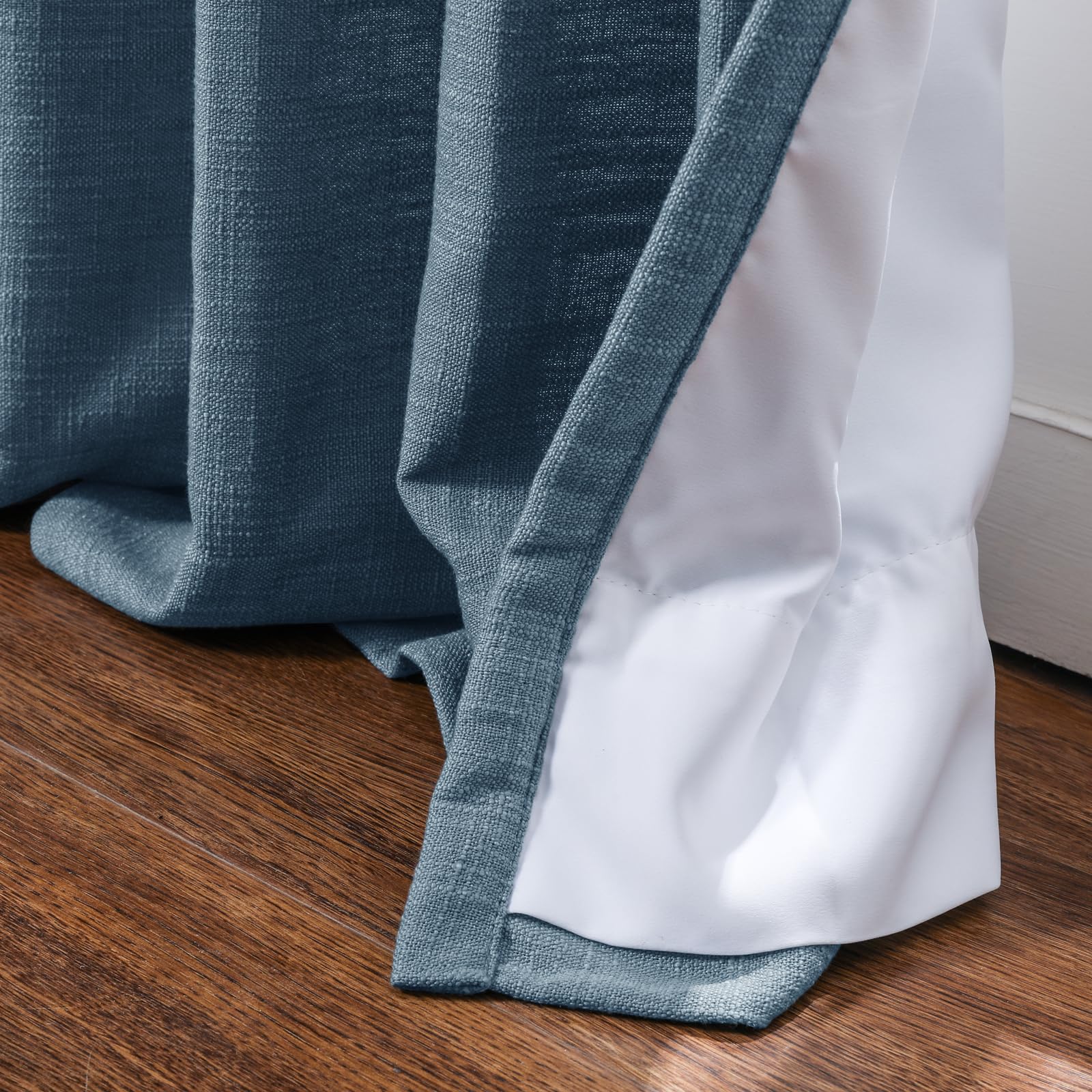 Twopages Double Layer Lined Curtain Aegean Blue Linen Blend Light Filtering Pinch Pleat Curtain For Kitchen, Room Darkening Wind