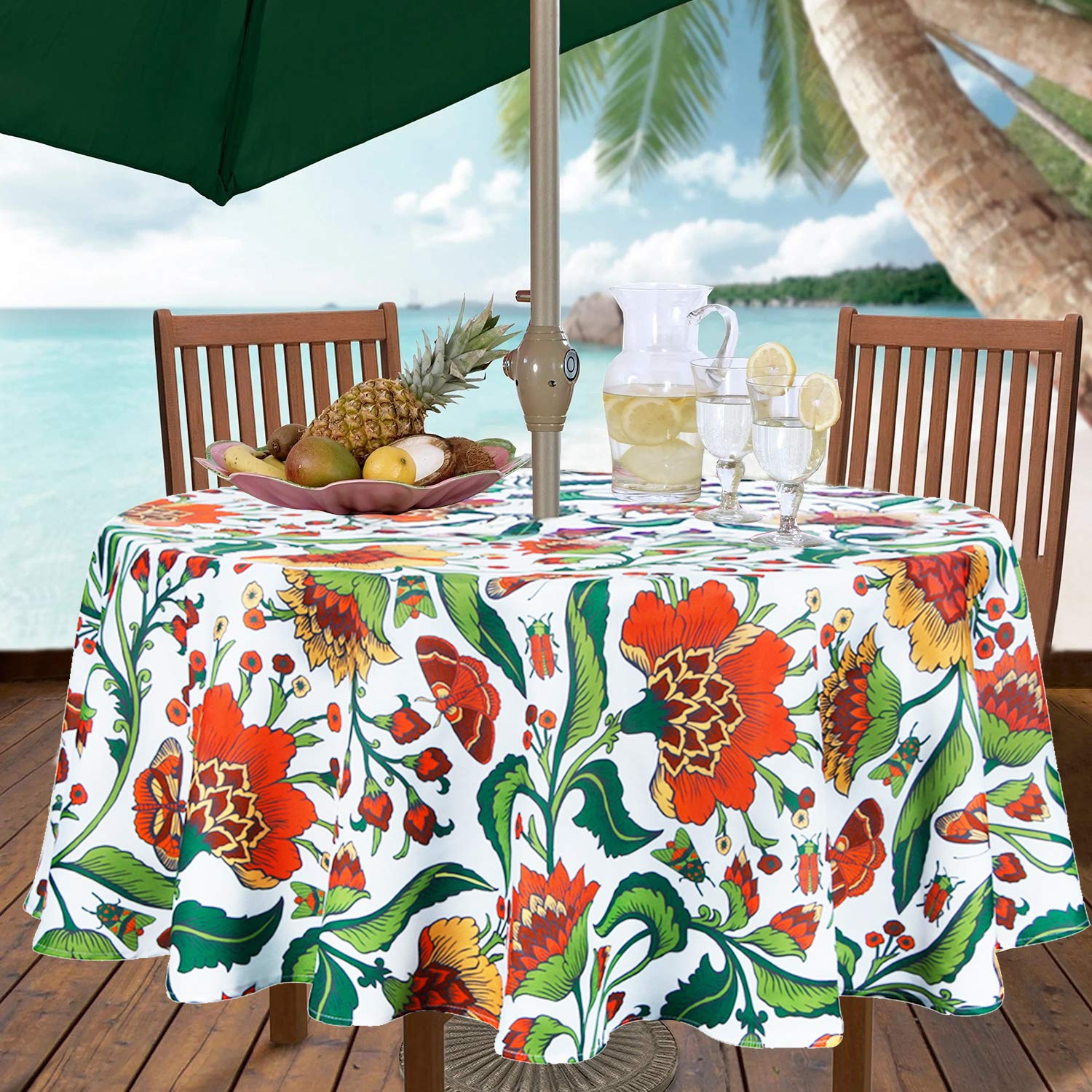 Colorbird Outdoor 60 Inch Round Tablecloth With Umbrella Hole And Zipper,Waterproof Patio Table Cloth,Red Flower Spring/Summer Table Covers For Backyard Circular Table/Party/Picnic