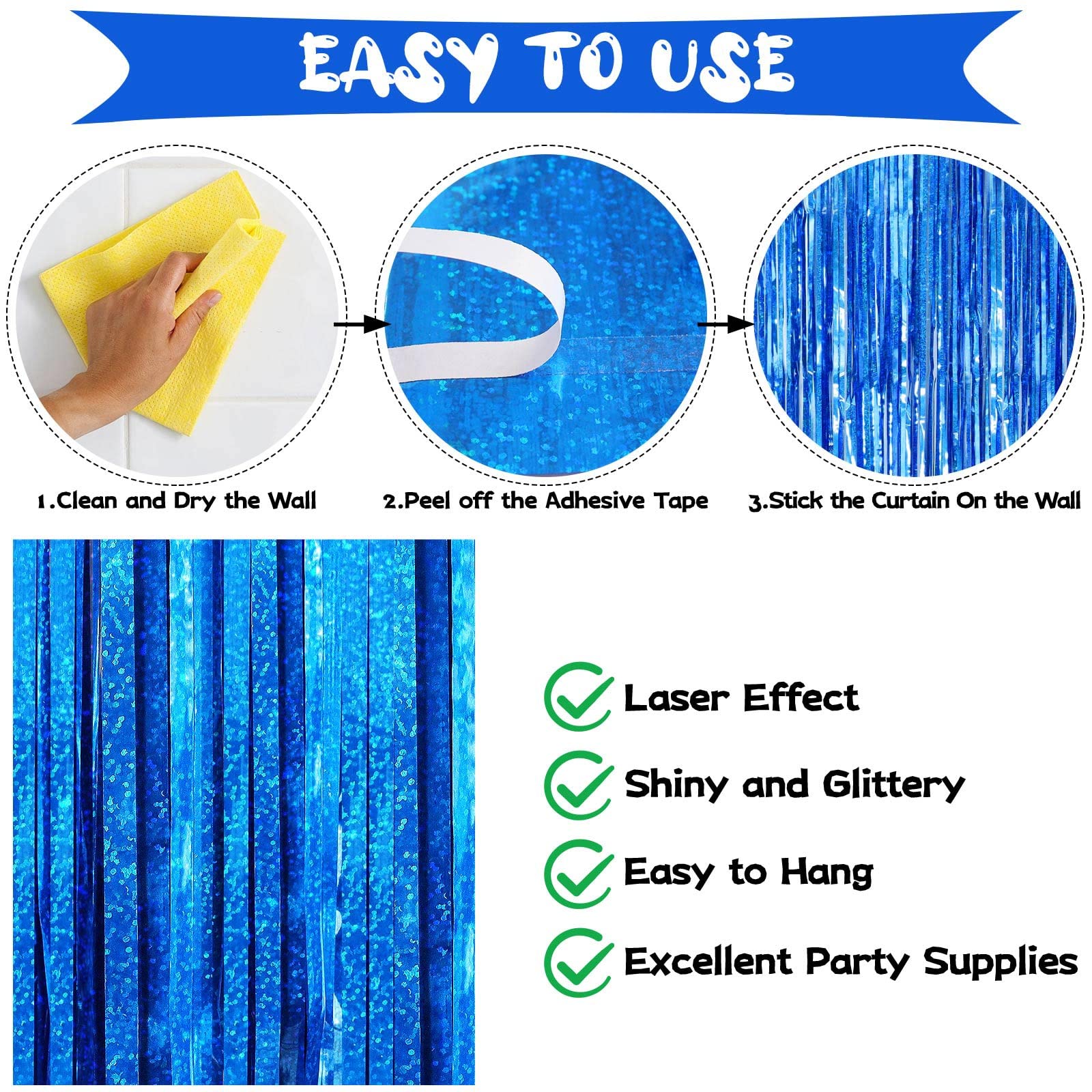 Aiqinhu Blue Tinsel Foil Fringe Curtain Backdrop, 3.3 X 8.2 Ft Metallic Glitter Curtain Streamers, 2 Pack Royal Blue Photoboth F