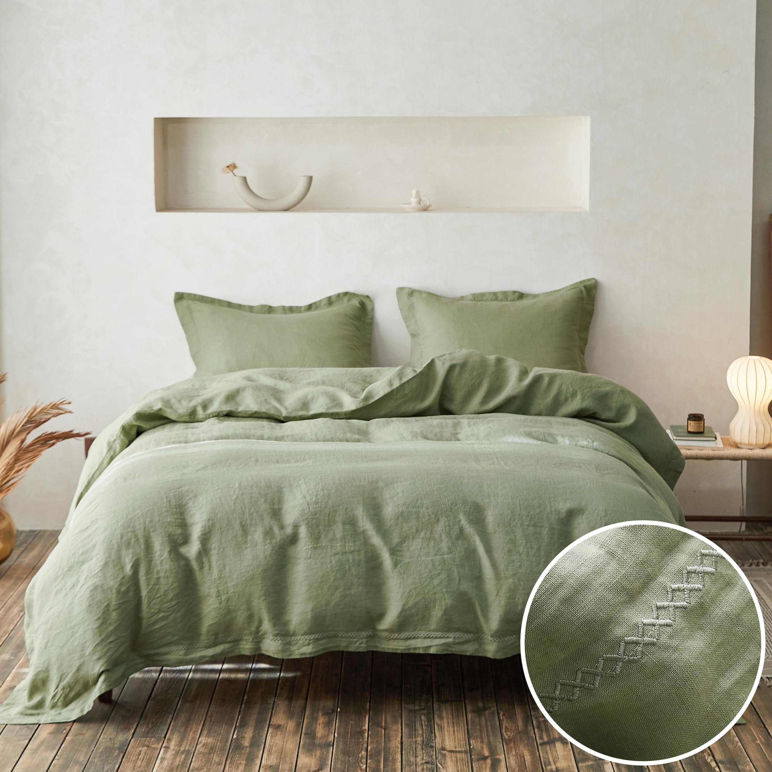Simple&Opulence 100% Linen Duvet Cover Set With Crossed Embroidery Washed - 3 Pieces (1 Duvet Cover With 2 Pillow Shams) Soft Breathable Farmhouse - Sage Green, King Size
