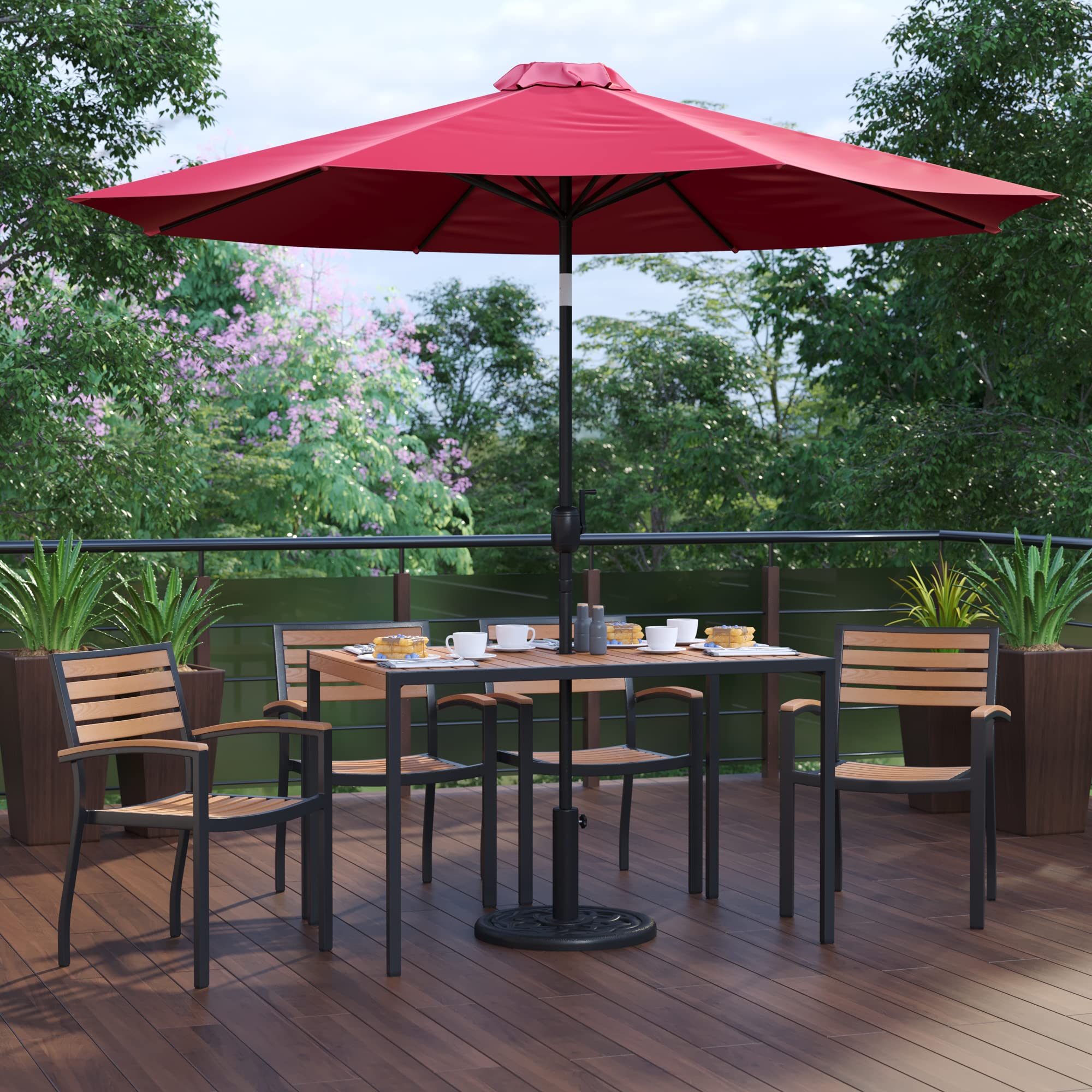 Flash Furniture Lark 7 Piece Outdoor Patio Dining Table Set - 4 Synthetic Teak Stackable Chairs with Arms - 30&quot; x 48&quot; Table - Red Umbrella with Base