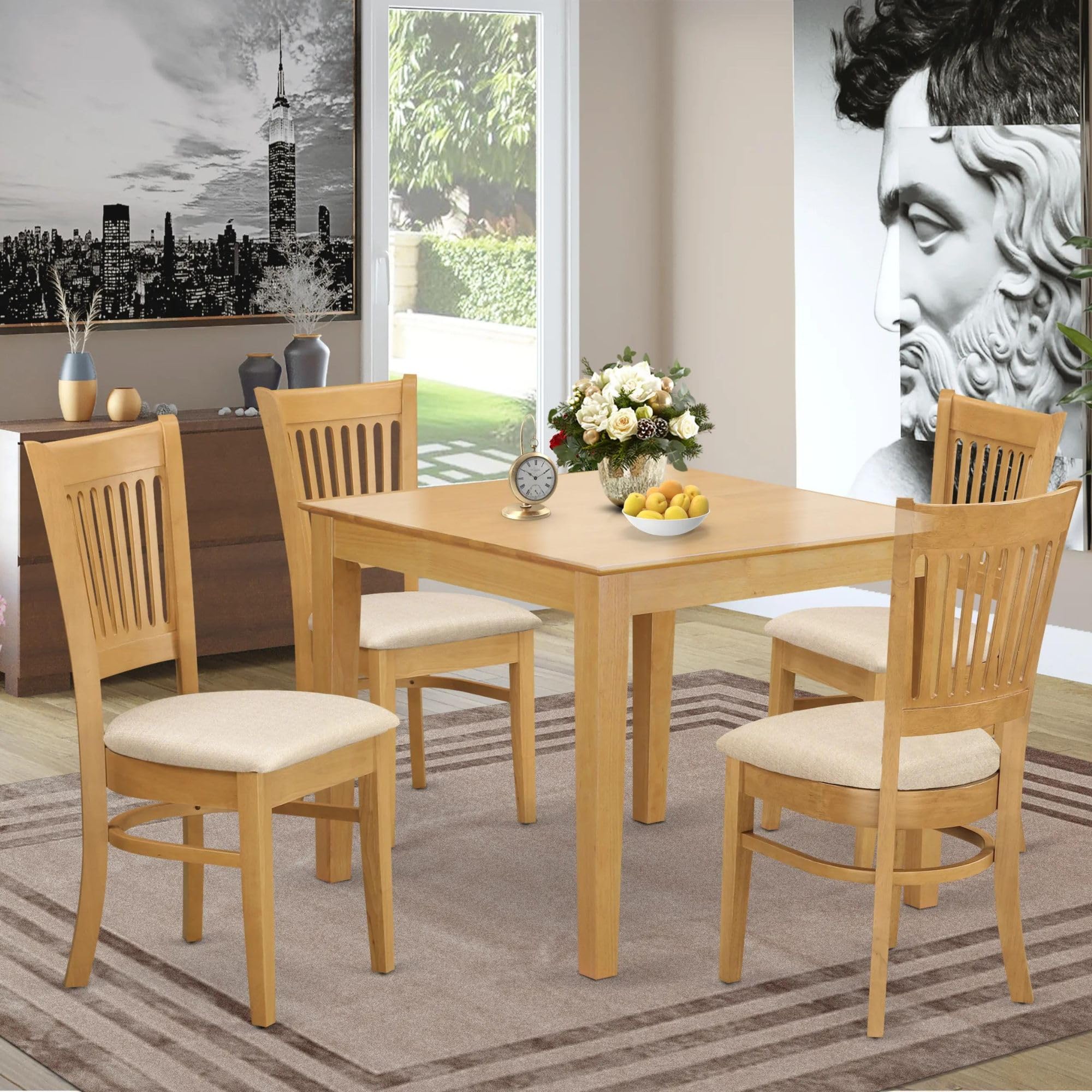 East West Furniture OXVA5-OAK-C 5 Piece Dining Set Includes a Square Solid Wood Table and 4 Linen Fabric Kitchen Room Chairs, 36x36 Inch, Oak