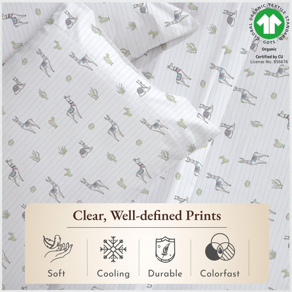 California Design Den Printed Queen Size Bed Sheet Set, 100% Organic Cotton Percale Sheets, Deep Pocket Queen Sheets & Pillowcase Set - Llama