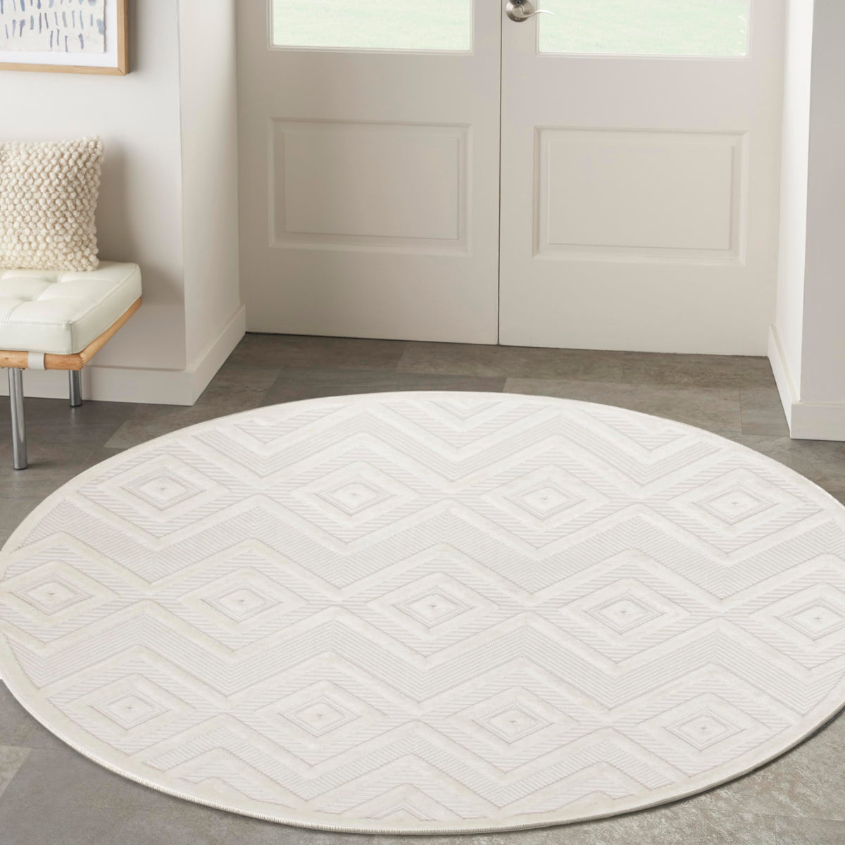 Nourison Versatile Indoor/Outdoor Ivory White 5' X Round Area Rug, Easy Cleaning, Non Shedding, Bed Room, Living Room, Dining Ro