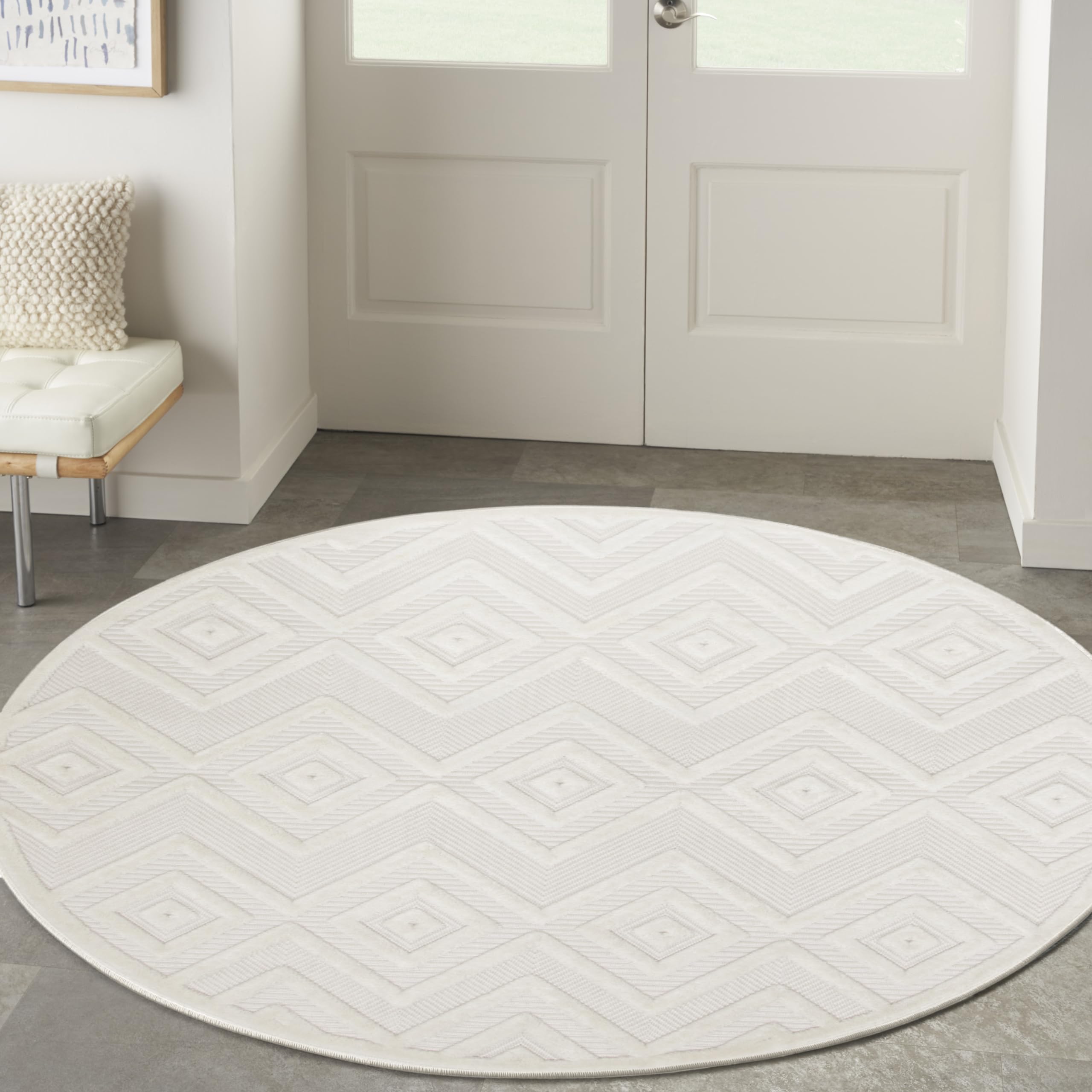 Nourison Versatile Indoor/Outdoor Ivory White 5' X Round Area Rug, Easy Cleaning, Non Shedding, Bed Room, Living Room, Dining Ro