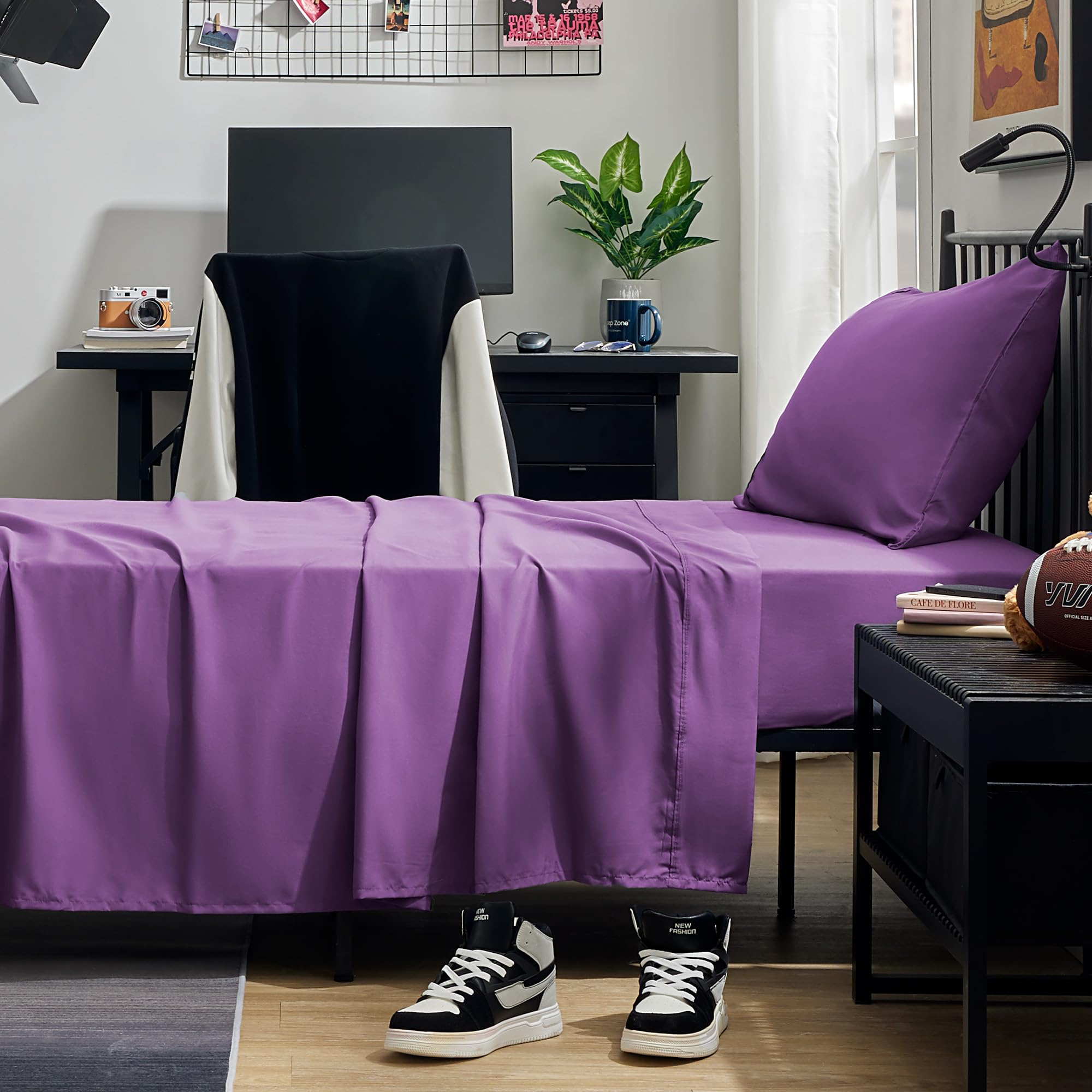 Sleep Zone Nanotex Super Soft Cooling Twin Bed Sheets Set For Kids 3 Piece - Easy Care Fitted Flat Sheet & Pillowcase Sets - Wrinkle Free, Fade Resistant, Deep Pocket 16' (Purple, Twin)