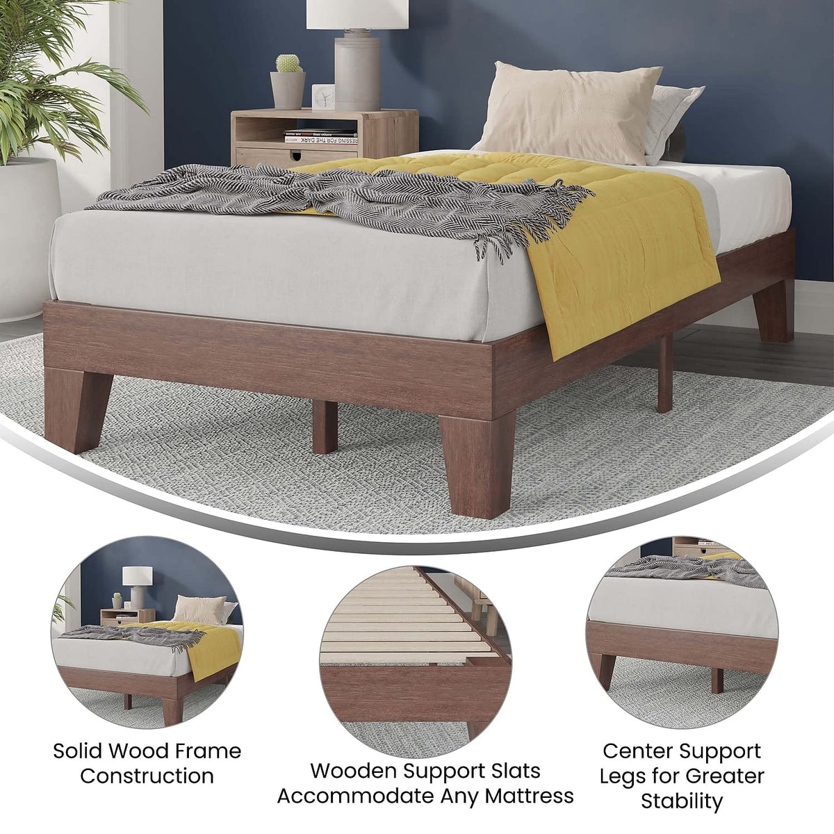 Flash Furniture Evelyn Wooden Platform Bed - Walnut Finish - Twin - Wooden Slat Support - No Box Spring Required - Easy Assembly