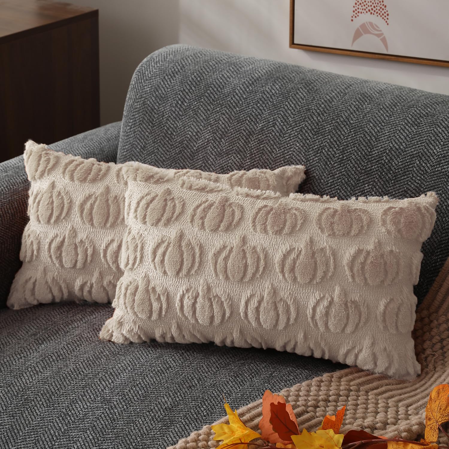 Dfxsz Fall Pillow Covers 12X20 Set Of 2 Fall Decorations Autumn Beige Pumpkin Throw Pillow Cases Soft Plush Faux Fur Wool Couch