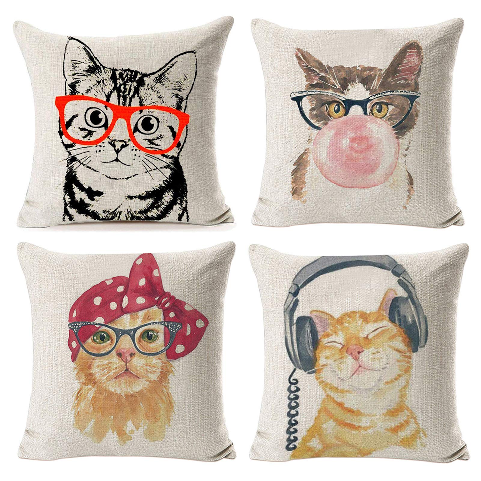 Nydecor Throw Pillow Covers Cat Pillow Cases Animal Kitty Pillowcase Cotton Linen Cushion Cover For Couch Bed Sofa Patio Car,18'