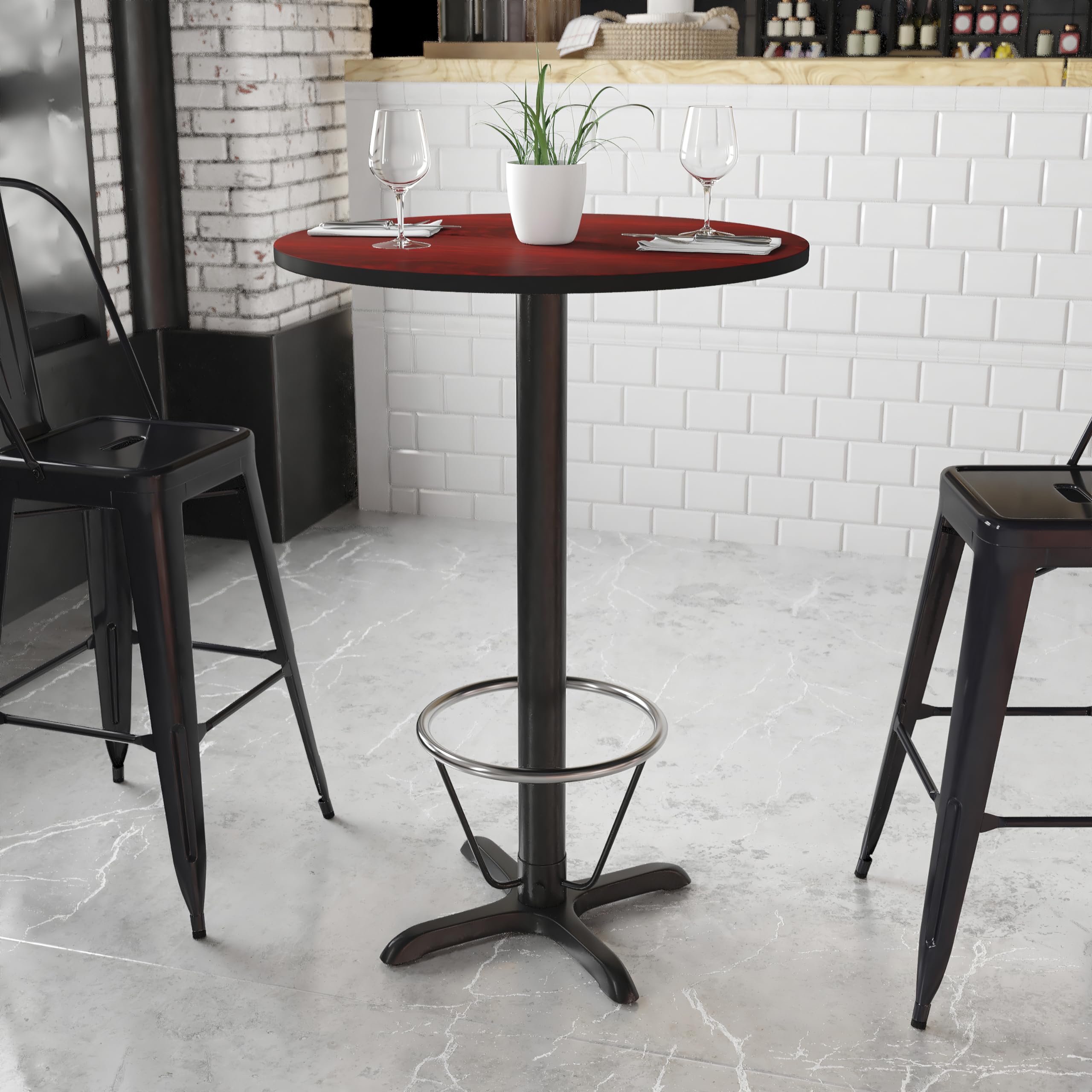 Flash Furniture 30'' Round Mahogany Laminate Table Top With 22'' X 22'' Bar Height Table Base And Foot Ring