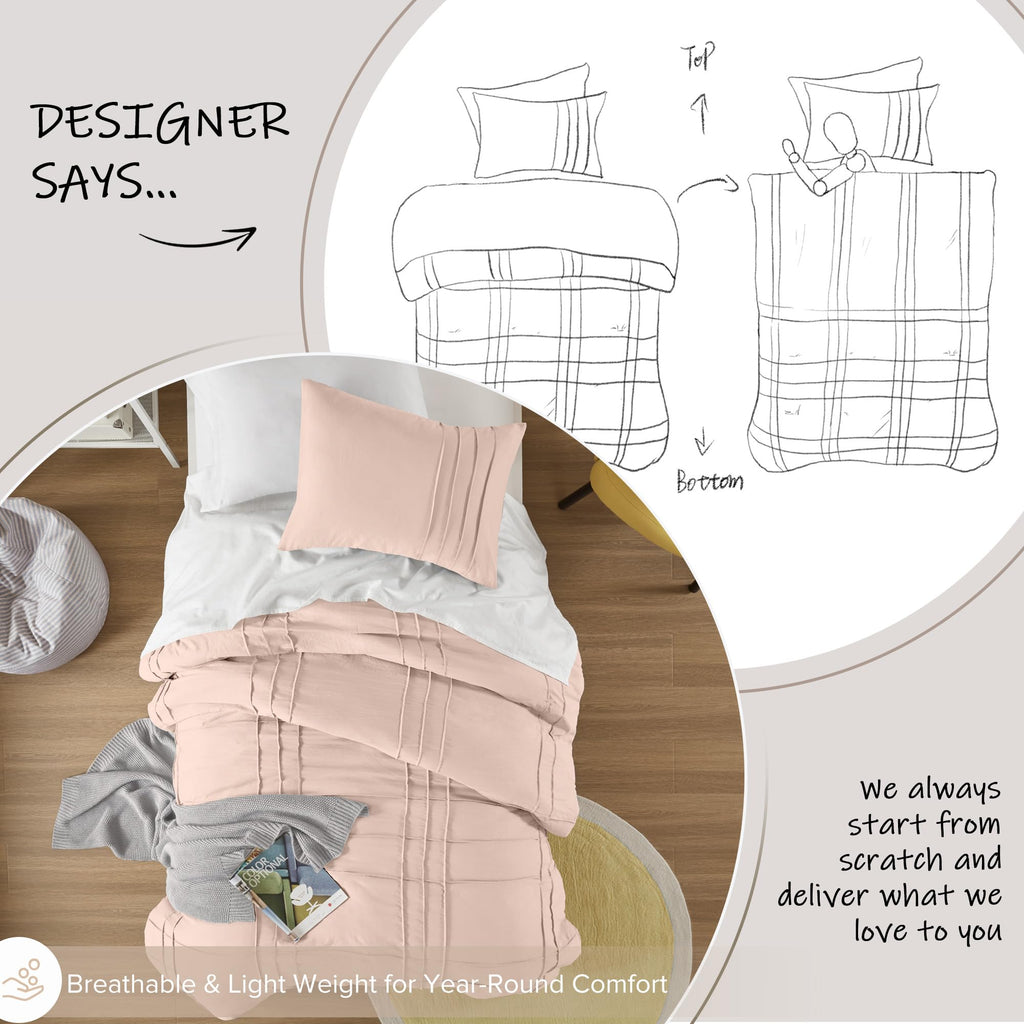 Comfort Spaces Blush Twin Size Duvet Cover Set - 2 Pieces Pintuck Pleated Duvet Cover Twin, All Season Lightweight, Extra Softness Pre-Washed Microfiber Twin Bedding Cover Shams, Twin/Twin Xl