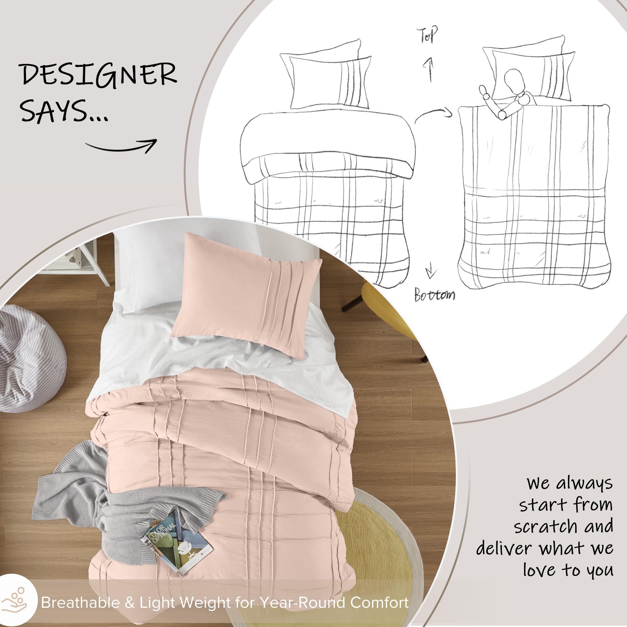 Comfort Spaces Blush Twin Size Duvet Cover Set - 2 Pieces Pintuck Pleated Duvet Cover Twin, All Season Lightweight, Extra Softness Pre-Washed Microfiber Twin Bedding Cover Shams, Twin/Twin Xl