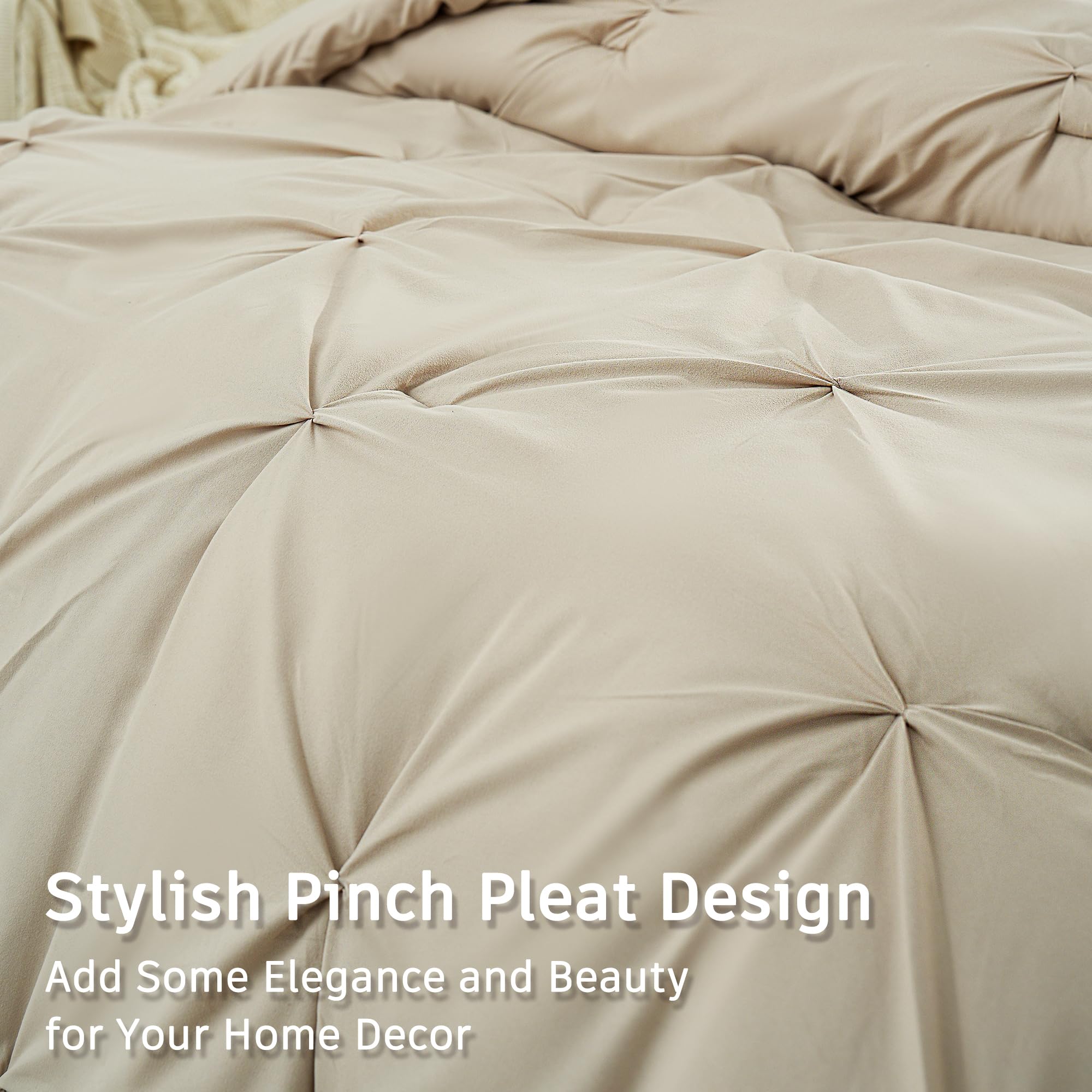 Downcool Full Size Comforter Sets Beige - 3 Pieces Cute Pinch Pleat Bed Set, Soft Fluffy Comforter Full Size For All Season, Pin
