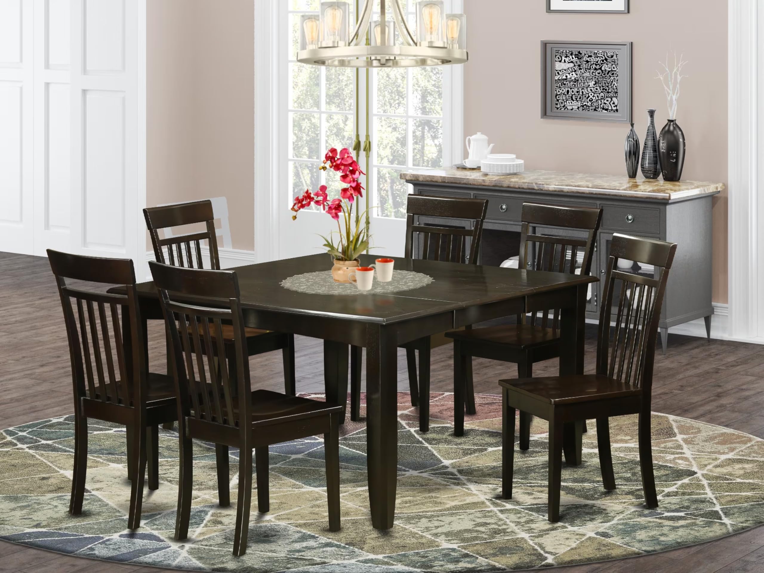 East West Furniture PFCA7-CAP-W 7 Piece Modern Dining Table Set Consist of a Square Wooden Table with Butterfly Leaf and 6 Dining Room Chairs, 54x54 Inch, Cappuccino