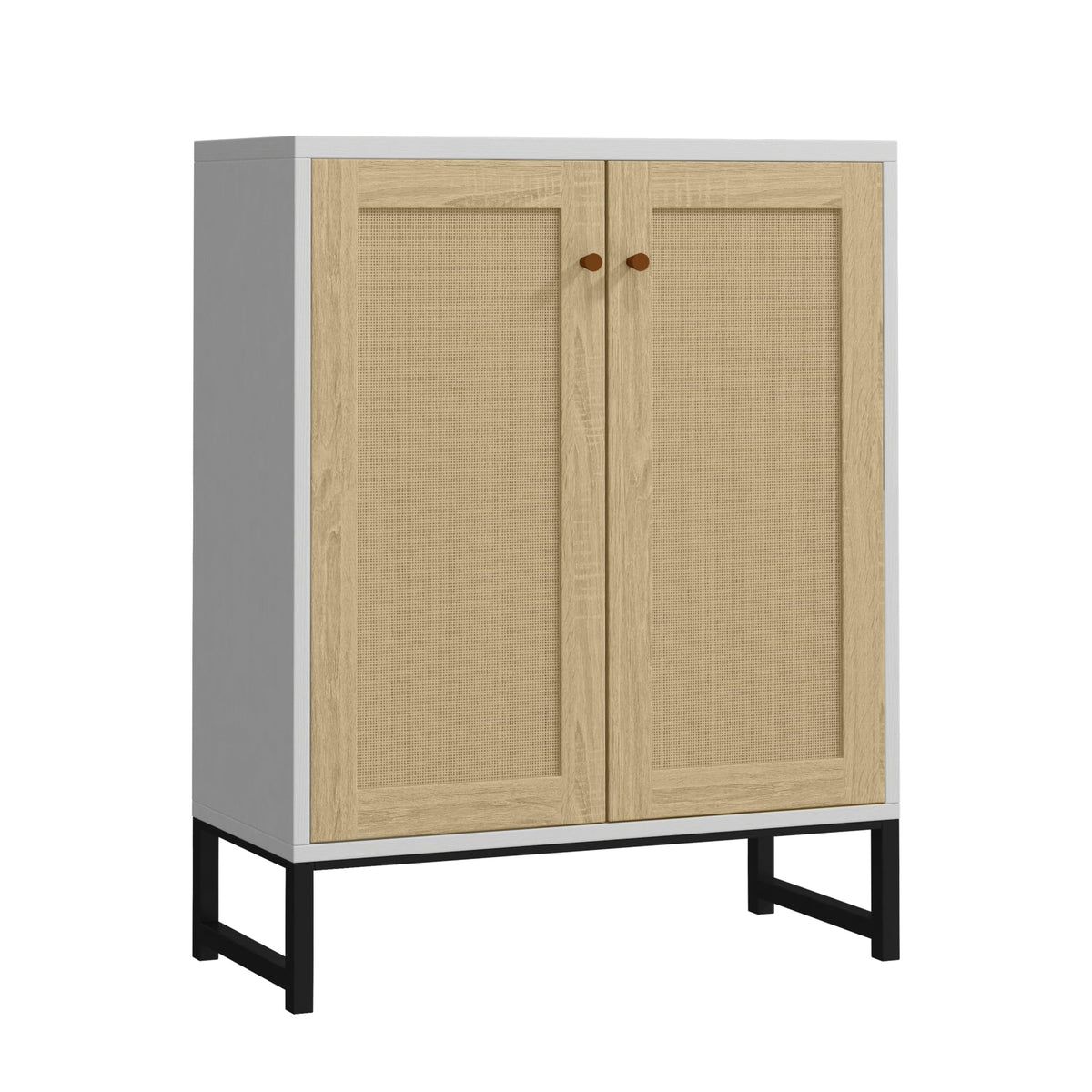 Panana Rattan Decorated 2 Doors Storage Cabinet Accent Cabinet Living Room Cupboard Kitchen Sideboard Buffet Table (White)