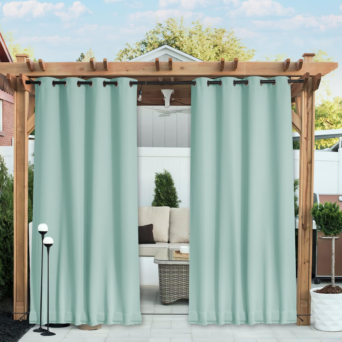 Nicetown 2 Panels Weighted Blackout Aqua Blue Outdoor Curtains For Patio Waterproof, Top & Bottom Grommet & Back Tab Fixed Windp