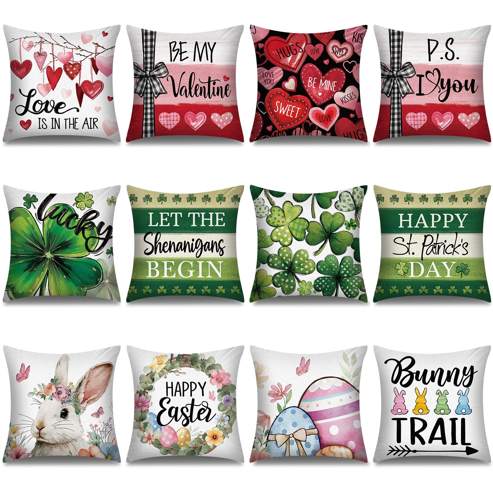 FuWeave 12 Pcs Valentines Day Pillow Covers 18 x 18 Inch St Patricks Easter Pillow Covers Heart Lucky Shamrock Clovers Bunny Eg