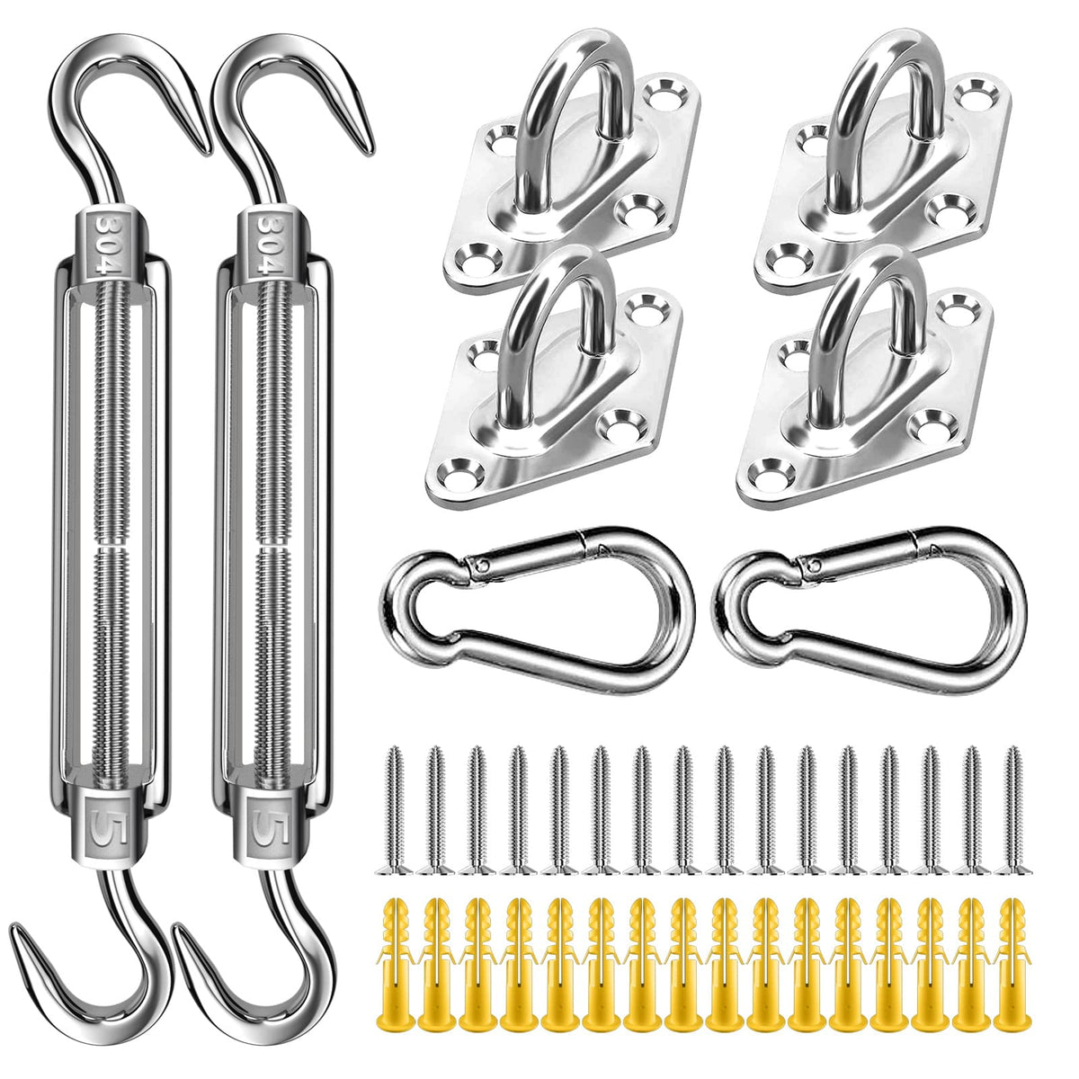 Fzeneast Shade Sail Hardware Kit, 5 Inch Super Heavy Duty 304 Marine Grade Stainless Steel Sun Shade Hardware Kit For Triangle/Rectangle/Square Sun Shade Sails Installation (40 Pcs)