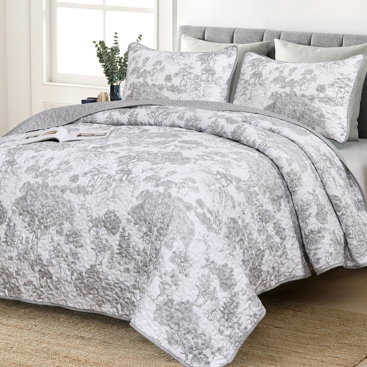 WONGS BEDDING Grey Quilt Set King Size, 3 Pieces Botanical Bedspreads Set Lightweight Microfiber Grey Plants Pattern Coverlet Ho