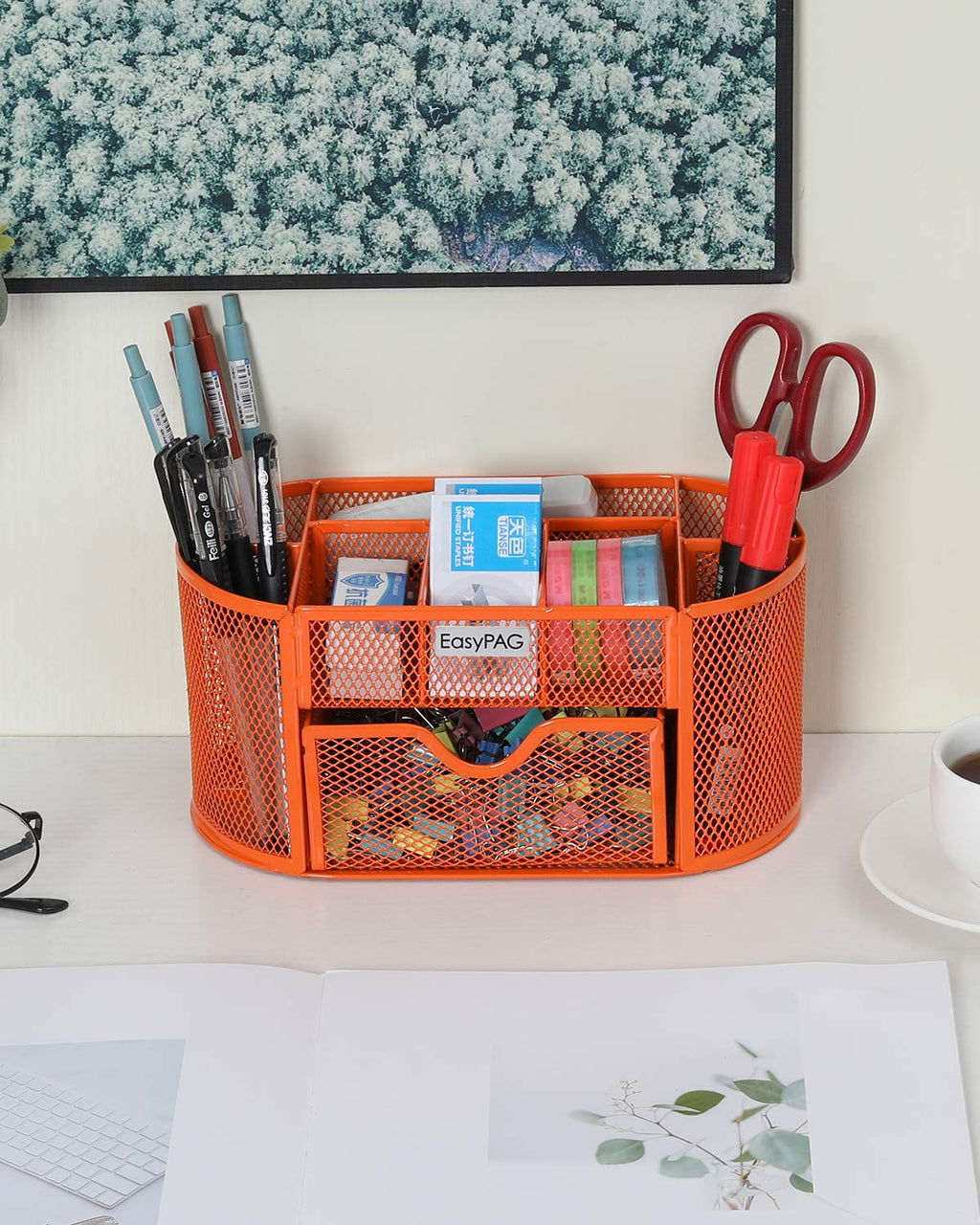 Easypag Desk Organizer Mesh Desktop Office Supplies Multi-Functional Caddy Pen Holder Stationery With Drawer,Orange