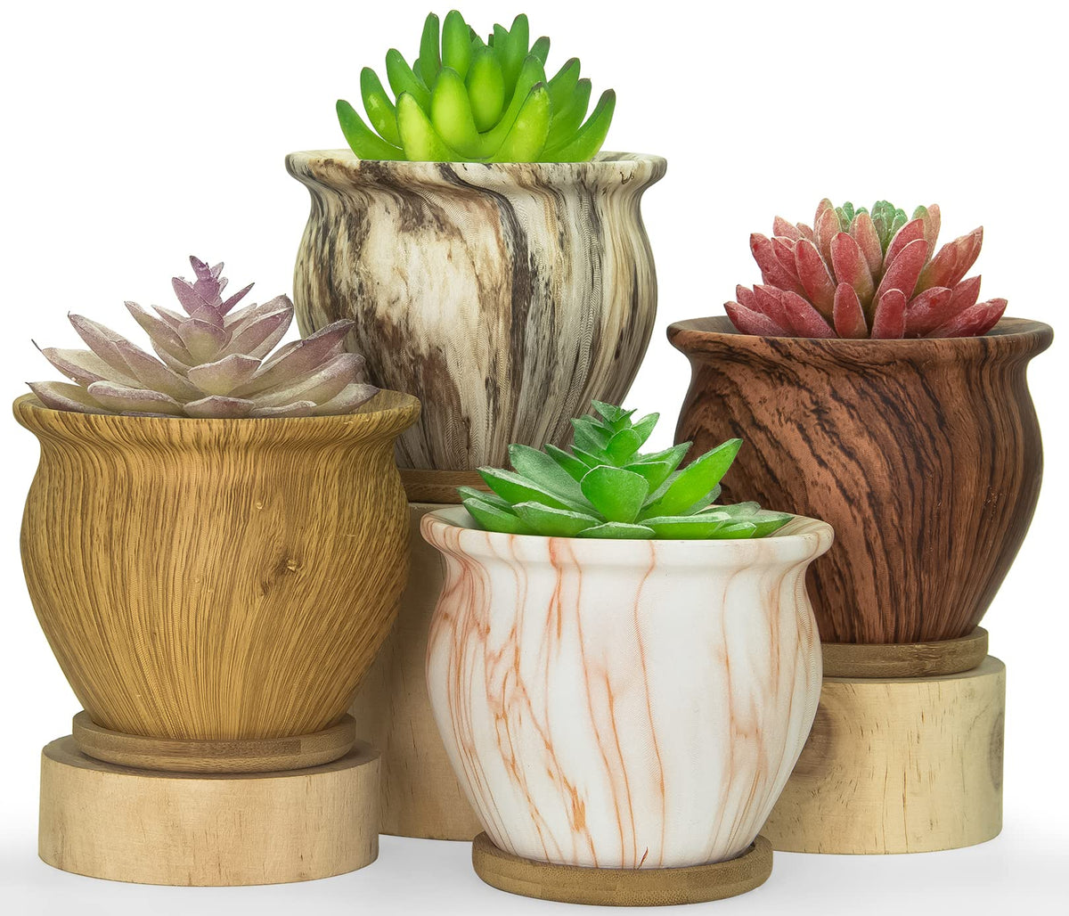 Artketty Succulent Pots, 4.5 Inch Small Succulent Planter Pot With Drainage Bamboo Trays, Ceramic Flower Pots For Indoor/Outdoor