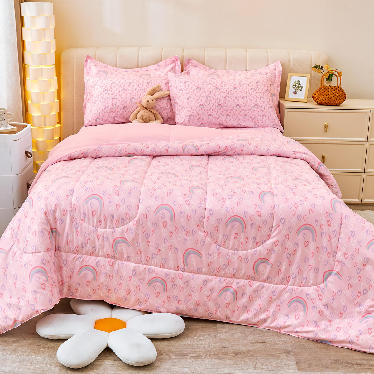 Viviland Twin Pink Rainbow Comforter Set For Girls, Kids Brushed Microfiber Twin Bedding Set, 5 Pieces Bed In A Bag, Girls Comfo