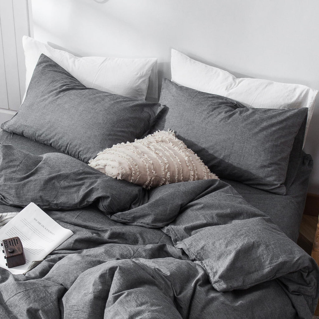 Moomee Bedding Pillowcases Pack Of 2 100% Washed Cotton Linen Like Textured Breathable Durable Soft Comfy (Dark Grey, King)