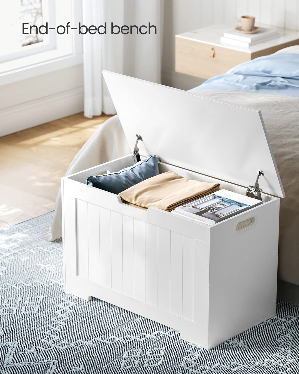 Vasagle Storage Chest, 29.9 Inches Width Storage Bench, Entryway Bench With 2 Safety Hinges, Shoe Bench, Farmhouse Style, For Entryway, Bedroom, Living Room, Cloud White Ulhs11Wt