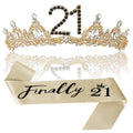 21st Birthday Crown and Sash for Women, 21 Tiara, Black Gold 21st Birthday Decorations for Her 21 Year Old Gifts Party Favors fo