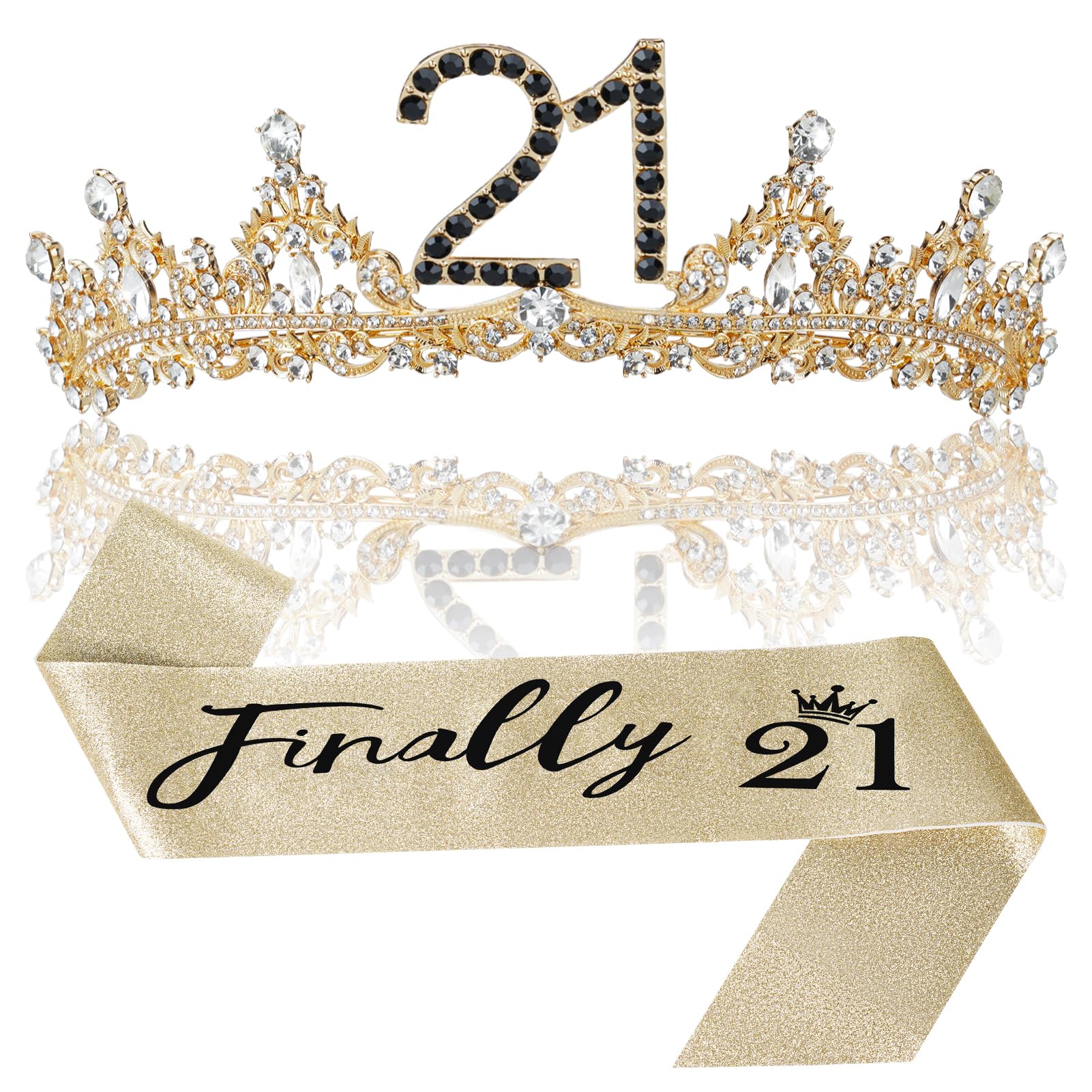 21st Birthday Crown and Sash for Women, 21 Tiara, Black Gold 21st Birthday Decorations for Her 21 Year Old Gifts Party Favors fo