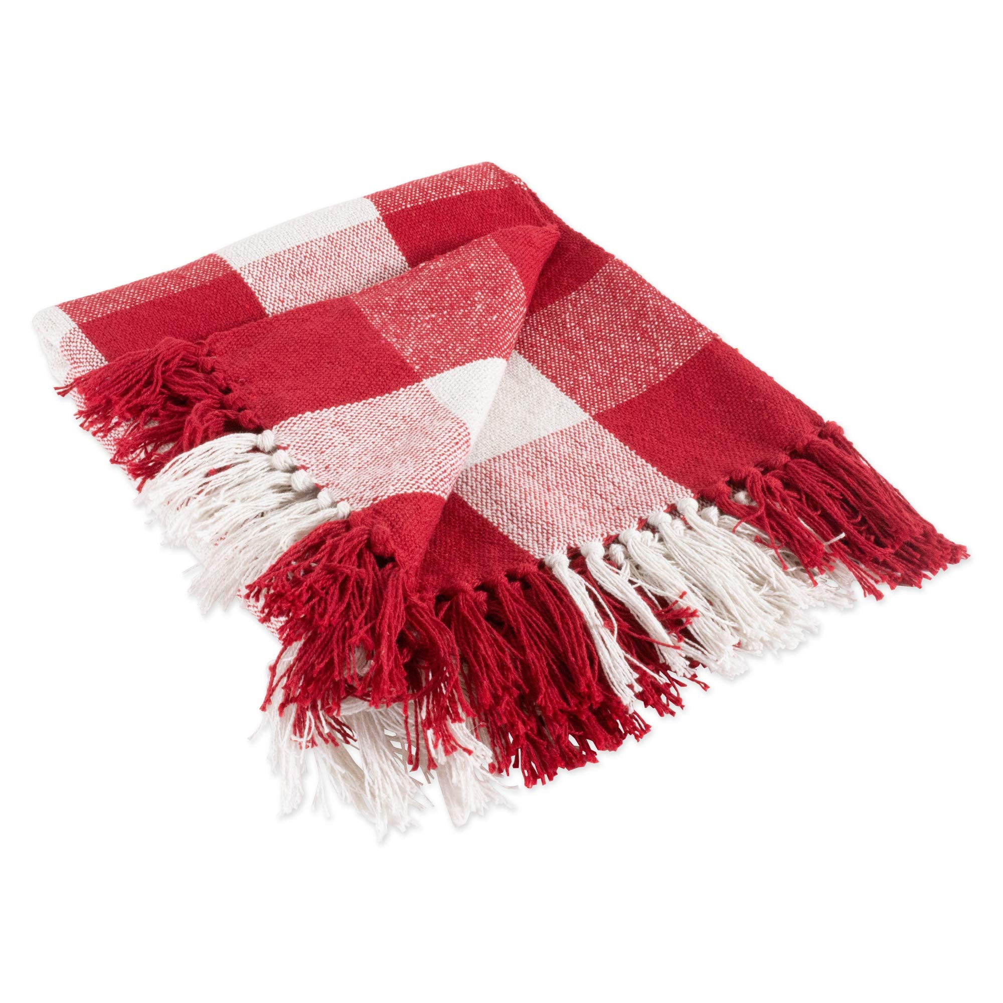Dii Buffalo Check Collection Rustic Farmhouse Throw Blanket With Tassles, 50X60, Red/White