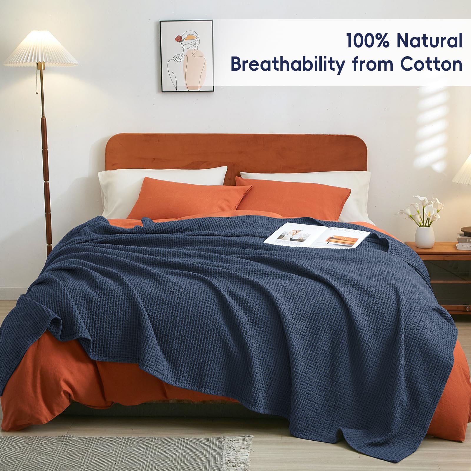 Phf 100% Cotton Waffle Weave Blanket King Size 104' X 90'-Lightweight Washed Soft Breathable Blanket For All Season -Perfect Blanket Layer For Couch Bed Sofa-Elegant Home Decoration - Dark Navy