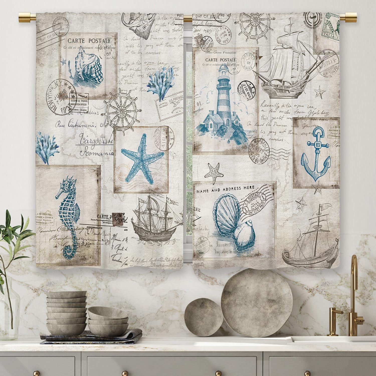 Laifzere Vintage Nautical Coastal Kitchen Curtains Sailboat Compass Small Short Cafe Window Curtains Ocean Beach Seashell Starfi