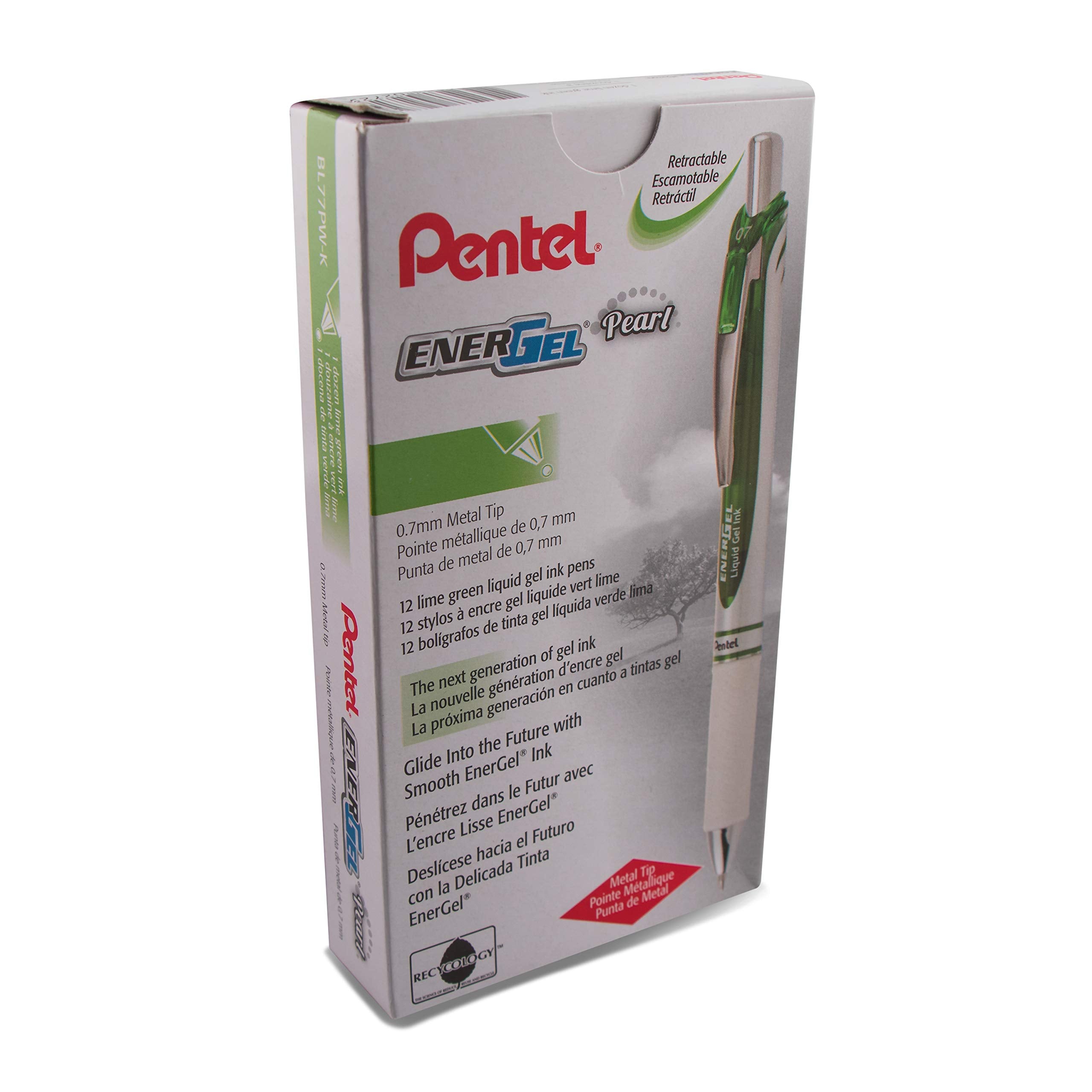 Pentel Energel Pearl Retractable Liquid Gel Pen, (0.7Mm) Metal Tip, Medium Line, Lime Green Accent, Lime Green Ink, 12 Pack (Bl7