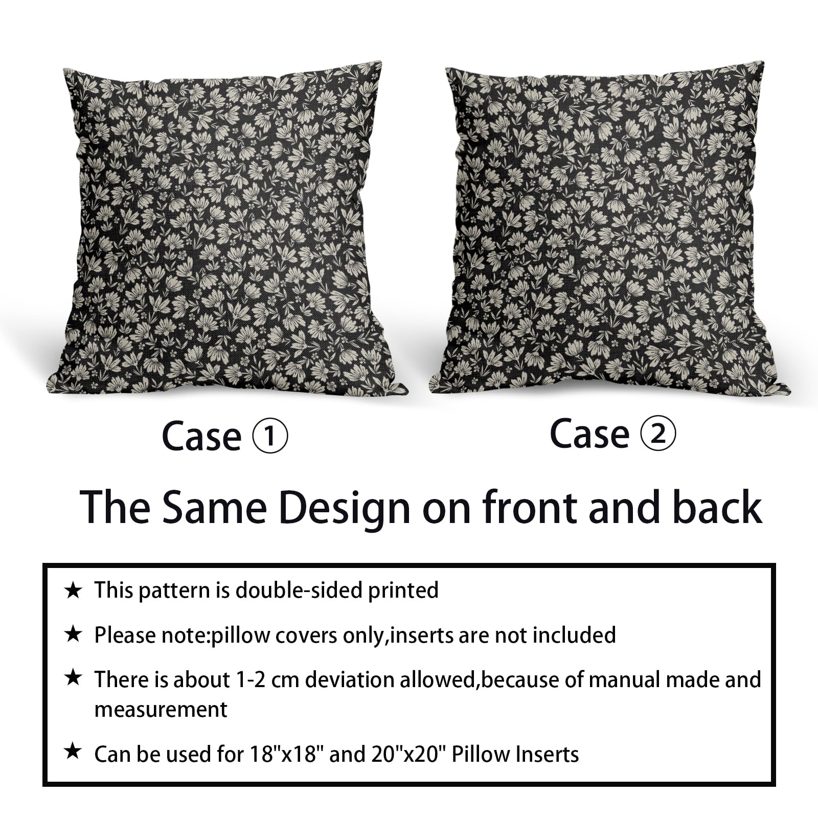 Black Brown Daisy Floral Block Print Pillow Covers 20X20 Inch Vintage Flowers Decorative Square Pillow Cases Set Of 2 Farmhouse