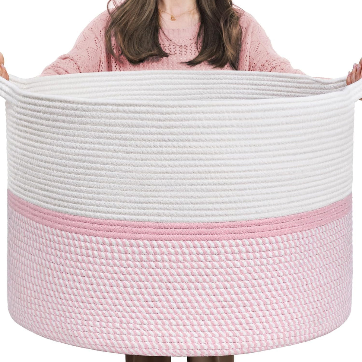 RAZA HOME DECOR Extra Large Cotton Rope Woven boho basket Collapsible laundry hamper Reinforced handles For blanket pillows toys