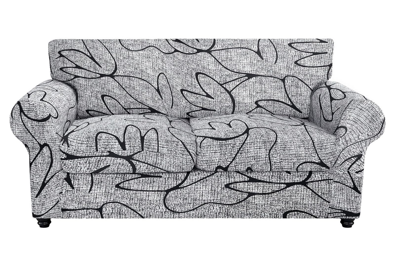 Searchi Stretch Sofa Cover Printed Couch Cover, Floral Pattern 3 Pieces Loveseat Slipcover With 2 Separate Cushion Cover, Washable Furniture Protector For Living Room(Loveseat, Grey Lotus+White)