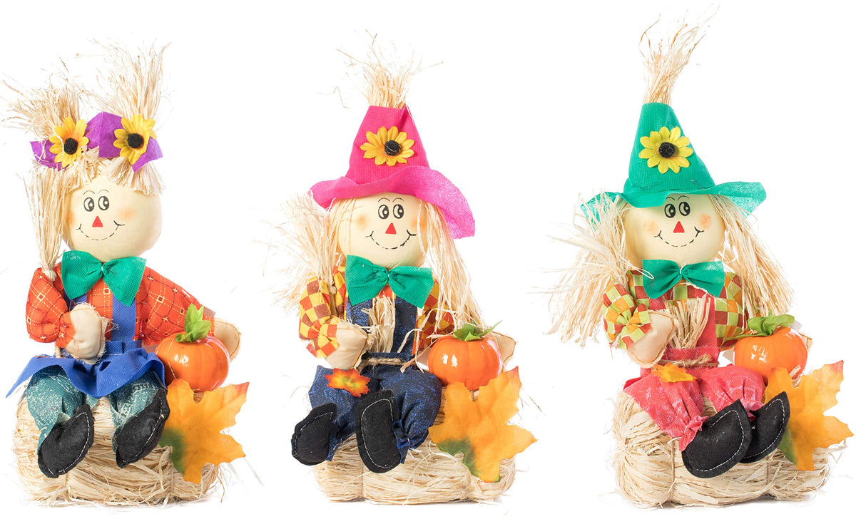 Set Of 3 Wooden Garden Scarecrows Sitting On Hay Bale