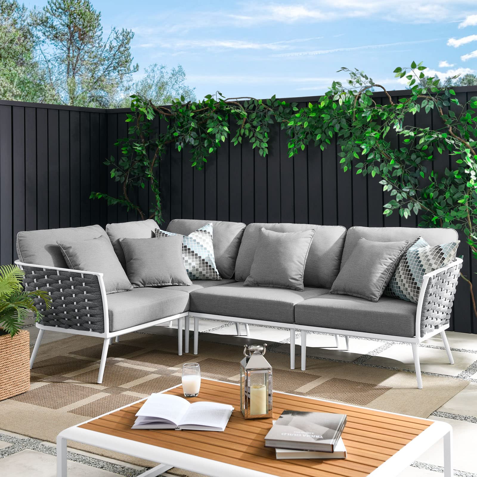 Modway Stance Outdoor Patio Woven Rope Aluminum Large Sectional Sofa in White Gray